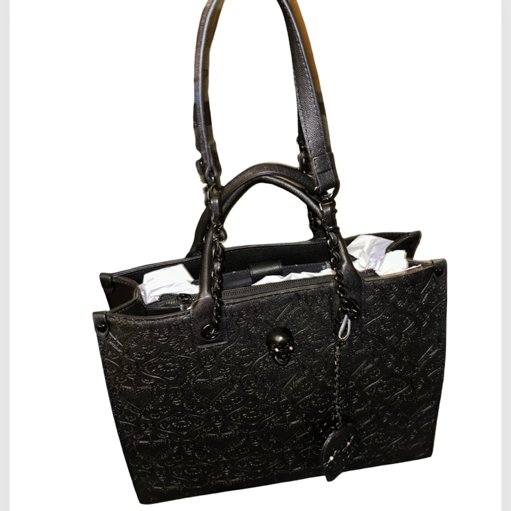 BETSEY JOHNSON XL BLACK SUGAR SKULL & HEARTS DOUBLE HANDLE/CHAIN STRAPS TOTE NWT - Picture 4 of 15